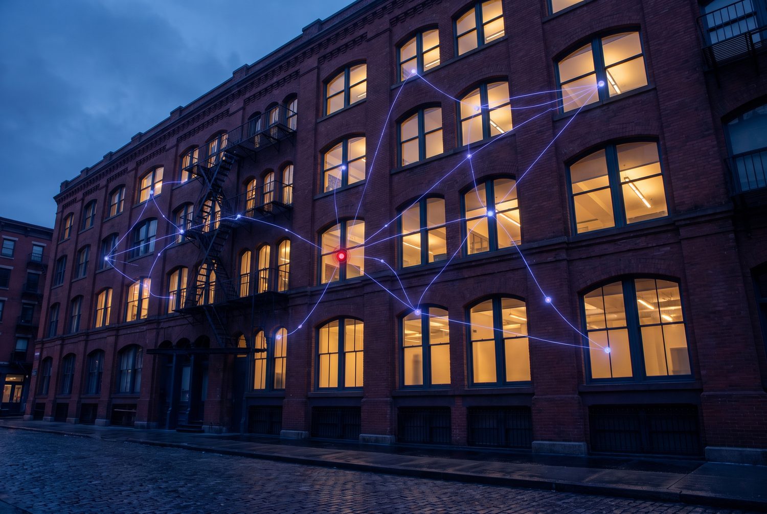 A red-brick office building at dusk with lit arched windows, linked by a network of glowing lines across its facade