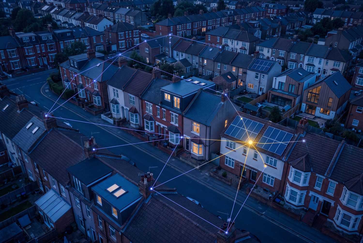 Aerial view of a street of terraced and semi-detached houses at dusk, with glowing lines linking individual homes and one solar-panelled house highlighted