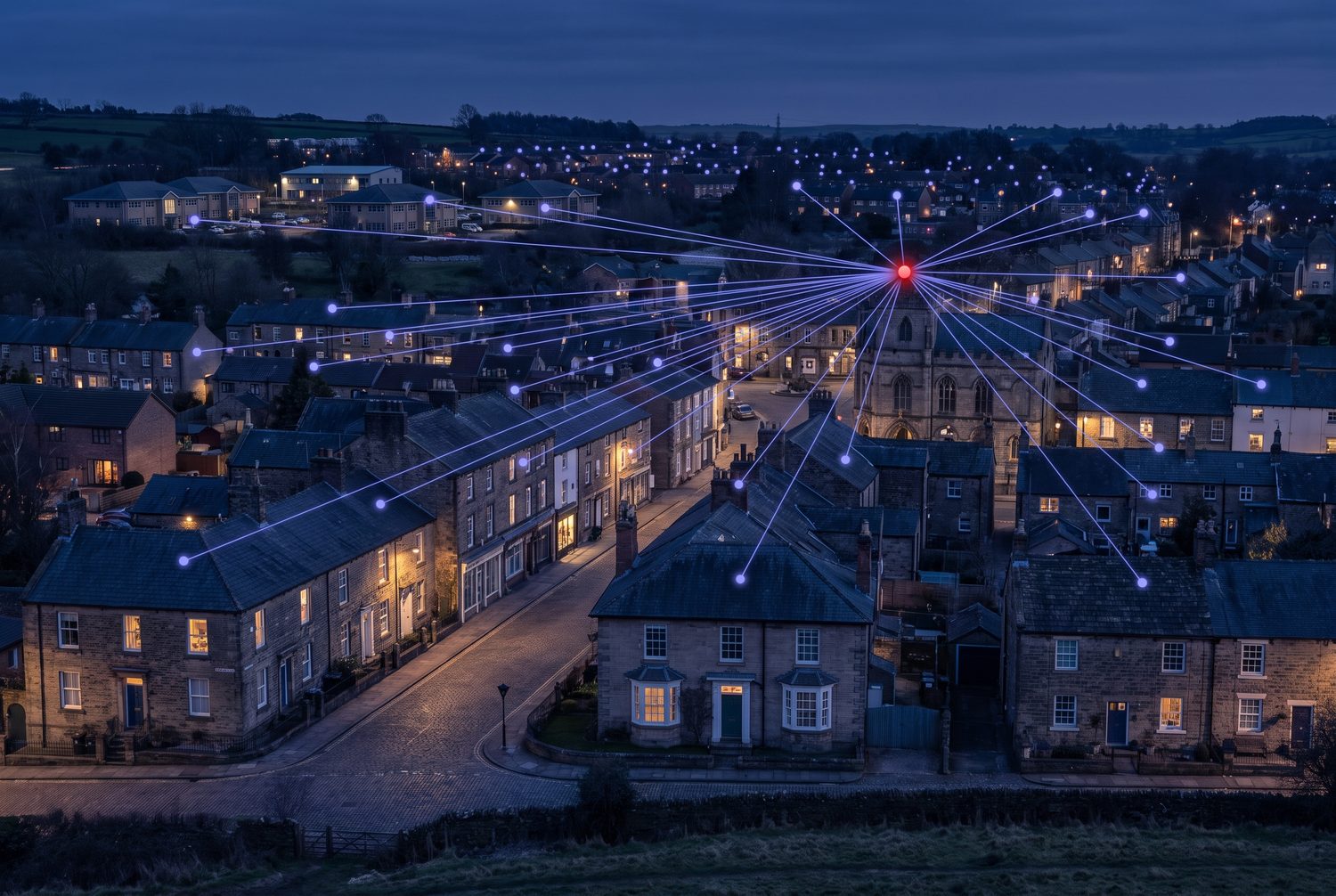 A stone-built town at dusk seen from above, with glowing lines radiating from a single point to homes and buildings across the town