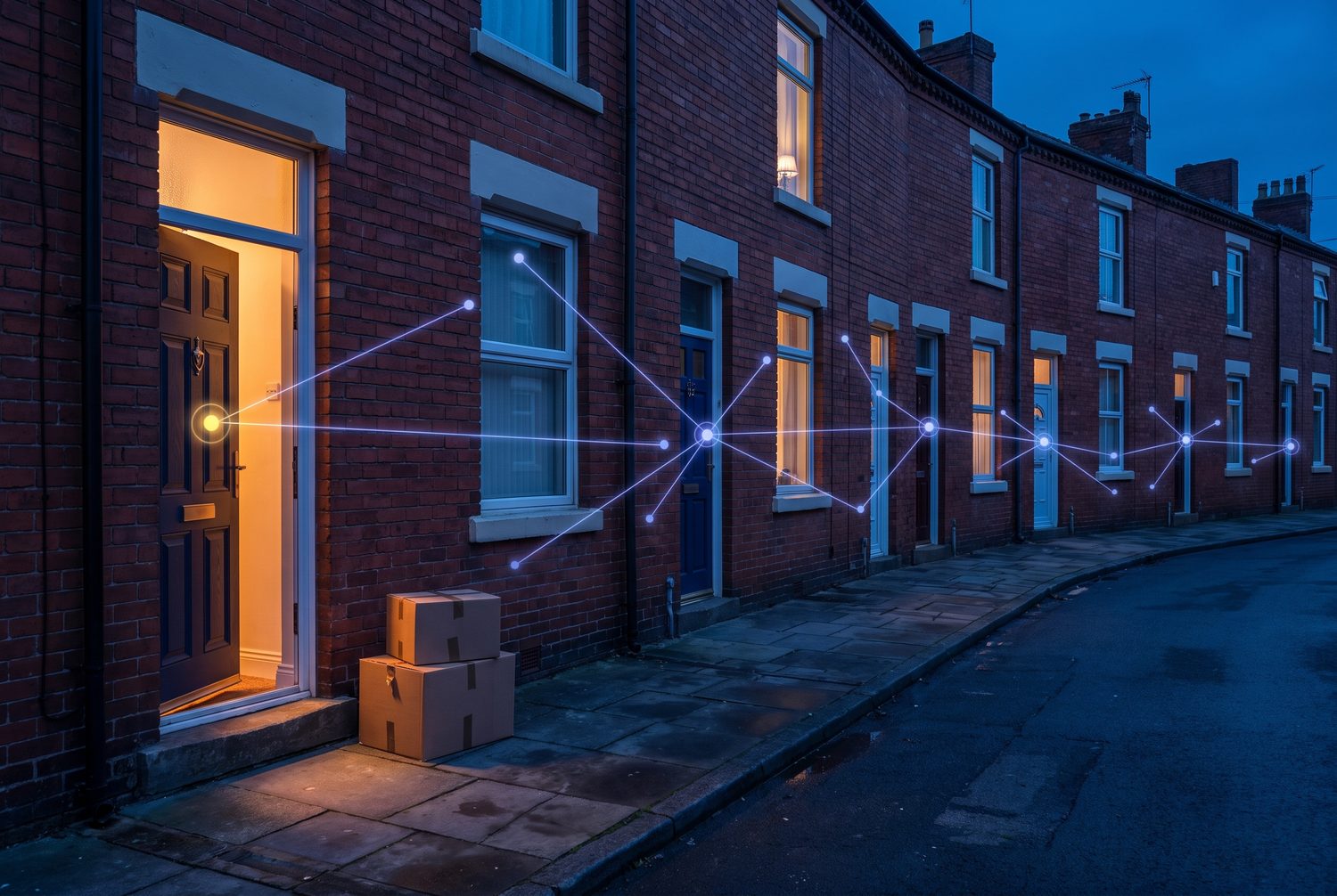 Moving boxes stacked outside the open, lit front door of a red-brick terraced house at dusk, with glowing lines connecting the doors along the street